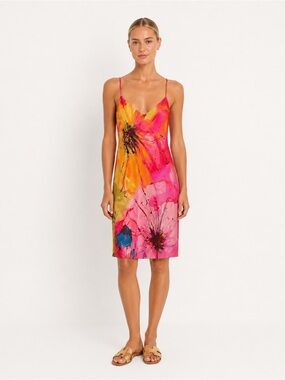Natori Size Small Tropical Pink & Yellow Floral Slip Sleep Vacation Dress Straps